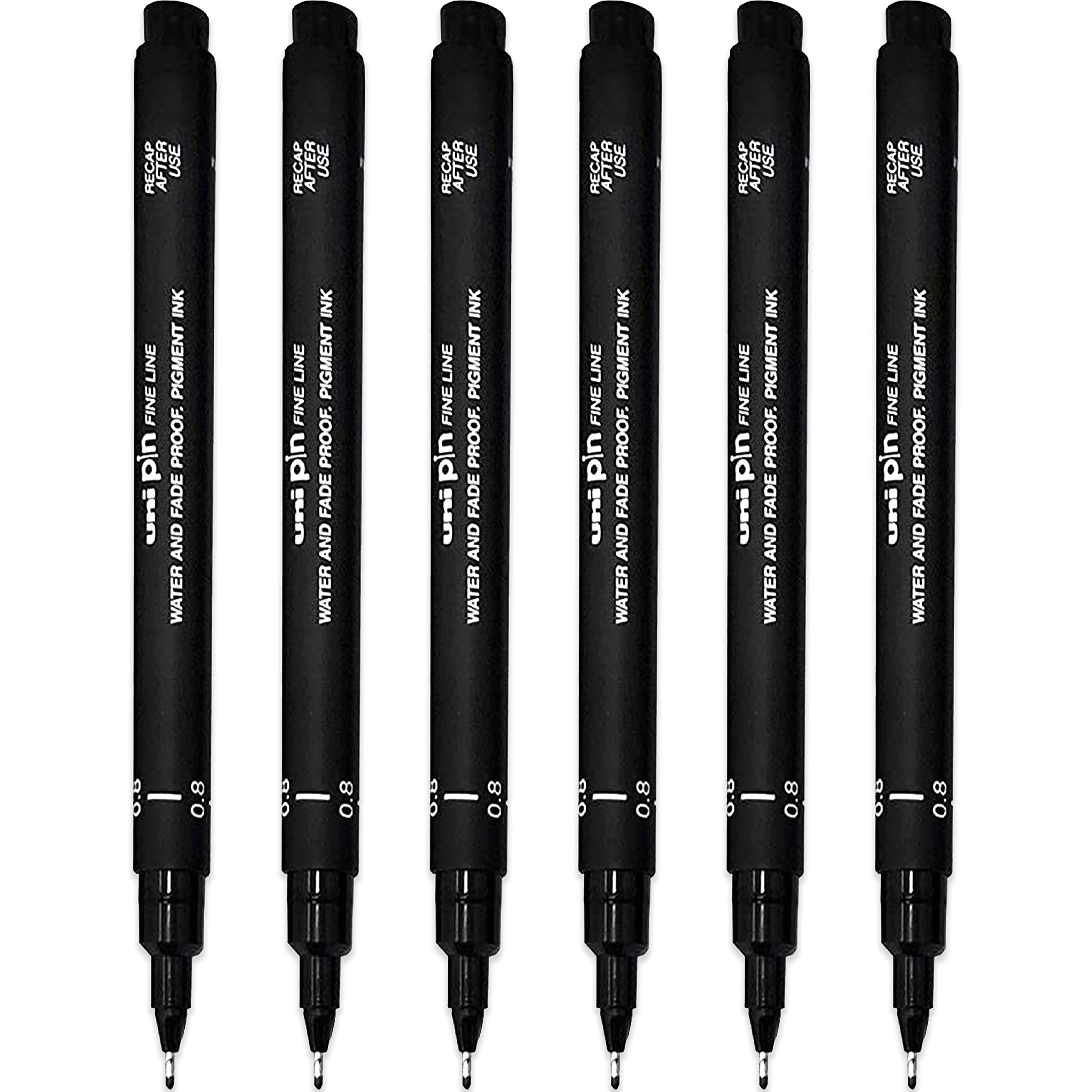 Uni Pin Fineliner Drawing Pen - Black Ink - Pack of 6 - Fine Line 0.8mm Nib Tip - In Gift Box