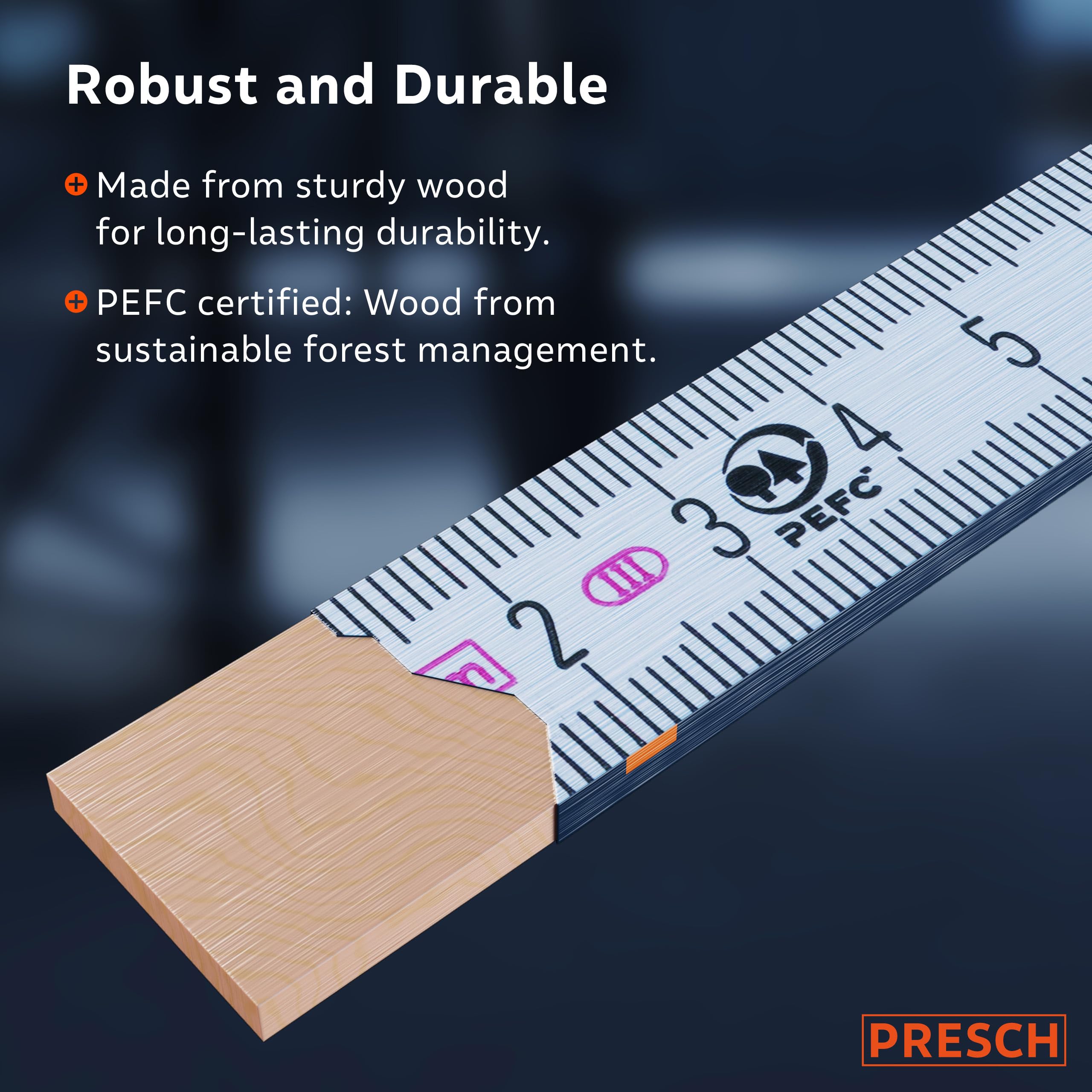 Presch Folding rule 2m with angle scale   Wood   Blue   Foldable   Large & highly legible numbers   Precise snapping   Meter stick, carpenters rule, folding ruler 2m, joiners rule with tool pattern