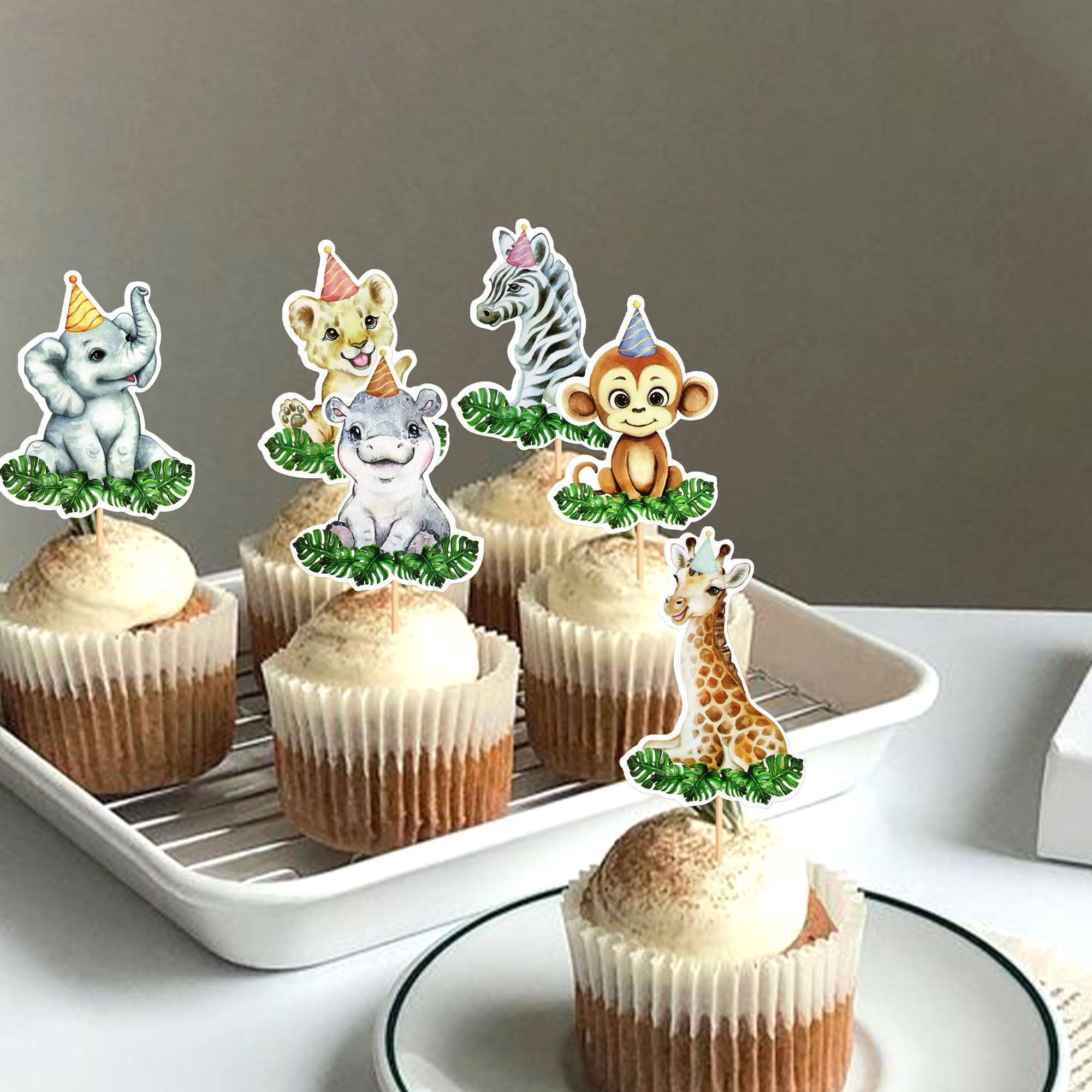 Blumomon 24Pcs Jungle Safari Animal Cupcake Toppers Happy Birthday Cake Decor for kids Wild Jungle Animal Theme Birthday Party Supplies Celebrating Party Events Baby Shower