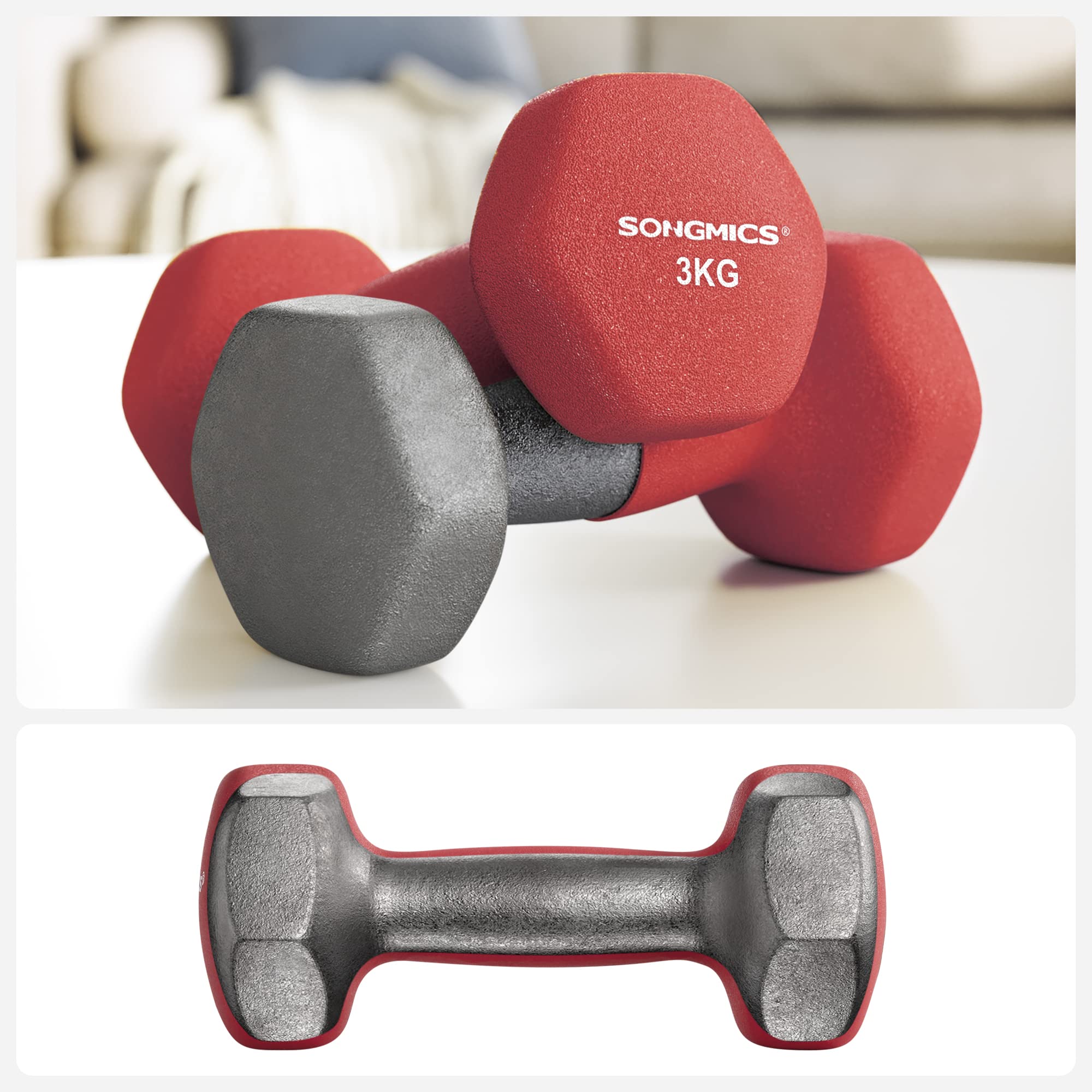 SONGMICS Set of 2 Dumbbells, 2 x 3 kg Hand Weights with Neoprene Coating, Hexagonal Dumbbells Pair, Home Workout, Fitness Training Exercise, Red SYL66RD