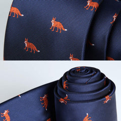 HISDERN Fox Tie for Men Navy Blue Ties Handkerchief Novelty Animal Pattern Wedding Necktie & Pocket Square Set