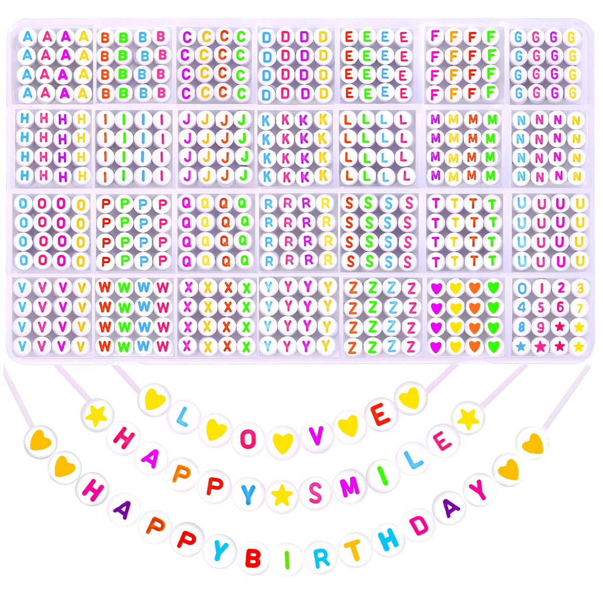 DIYDEC 1400pcs Colorful Letter Beads Kits, A to Z Acrylic Round Spacer Alphabet Beads Heart Star Threading Beads for Bracelets Necklaces DIY Jewelry Making