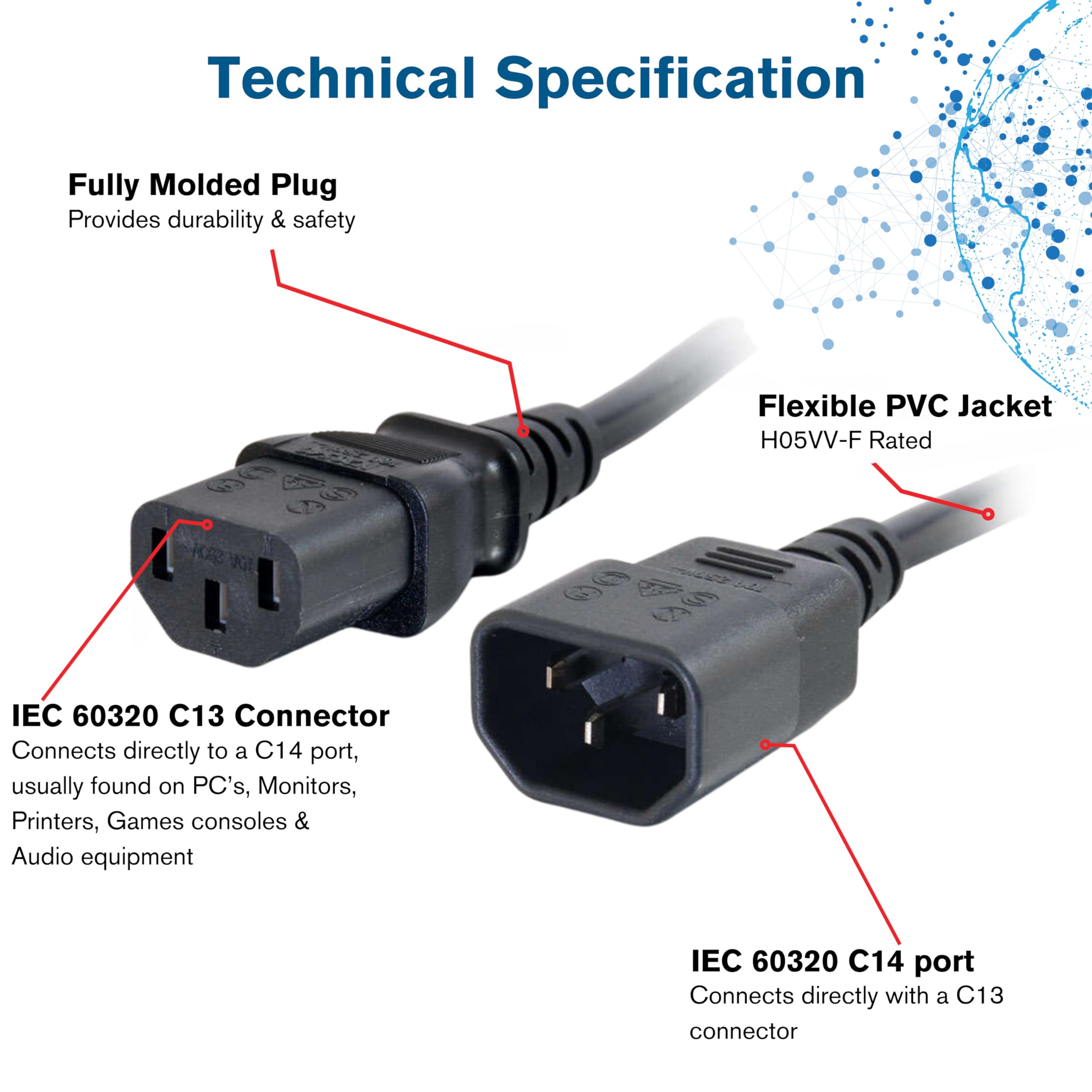 C2G 0.5 Metre 18 AWG Computer Extension Cord (IEC320C13 to IEC320C14) 1.5 Foot Kettle Lead/Power Cable, Black