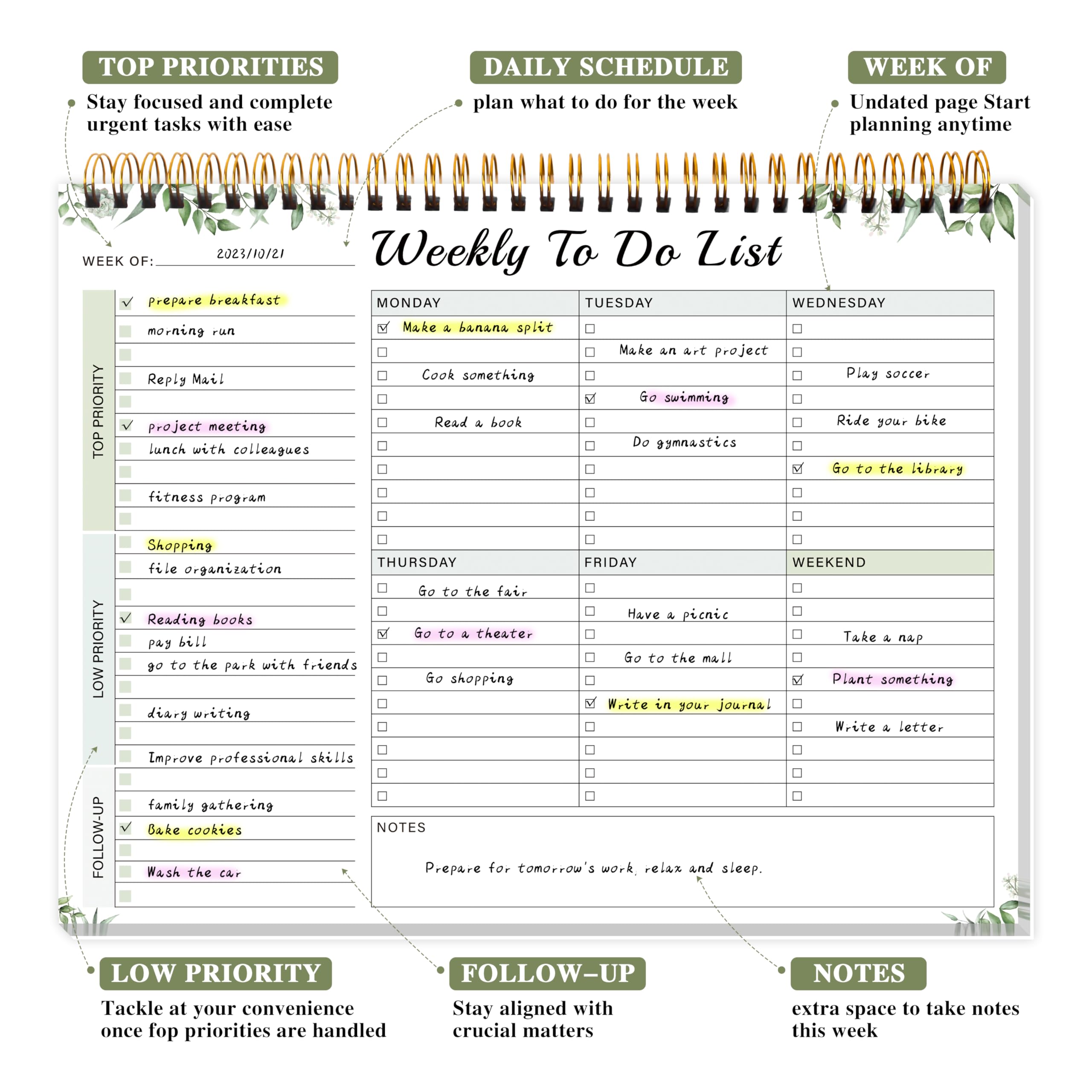 Weekly Planner Pad - Spiral Weekly Planner Undated 52 Page To-Do List Pad, 8.5 inches x 11 inches Weekly Desk Task Planner for Work and Personal Organization- green leaves