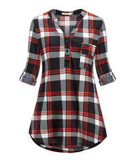 Style Slice Tunic Tops for Women UK，Checked Ladies Tops V-Neck，Plaid Blouses for Women UK Blue Navy