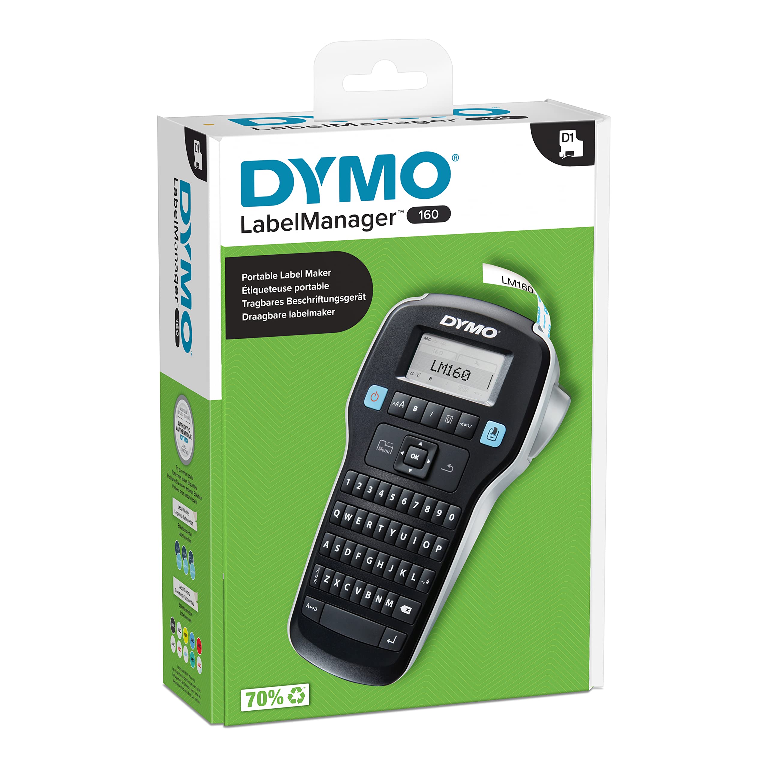 Dymo LabelManager 160 Label Maker   Handheld Label Printer with QWERTY Keyboard   Includes Black & White D1 Label Tape (12mm)   For Home & Office