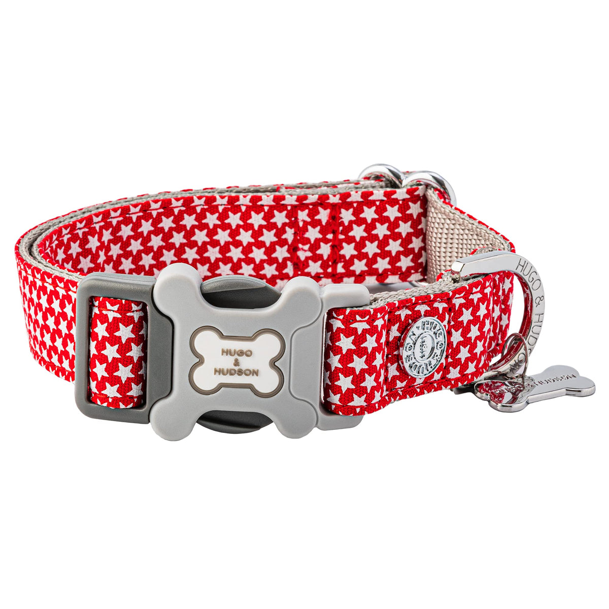 HUGO & HUDSON Nylon Dog Collar with Quick Release Safety Buckle, Red Star, XS