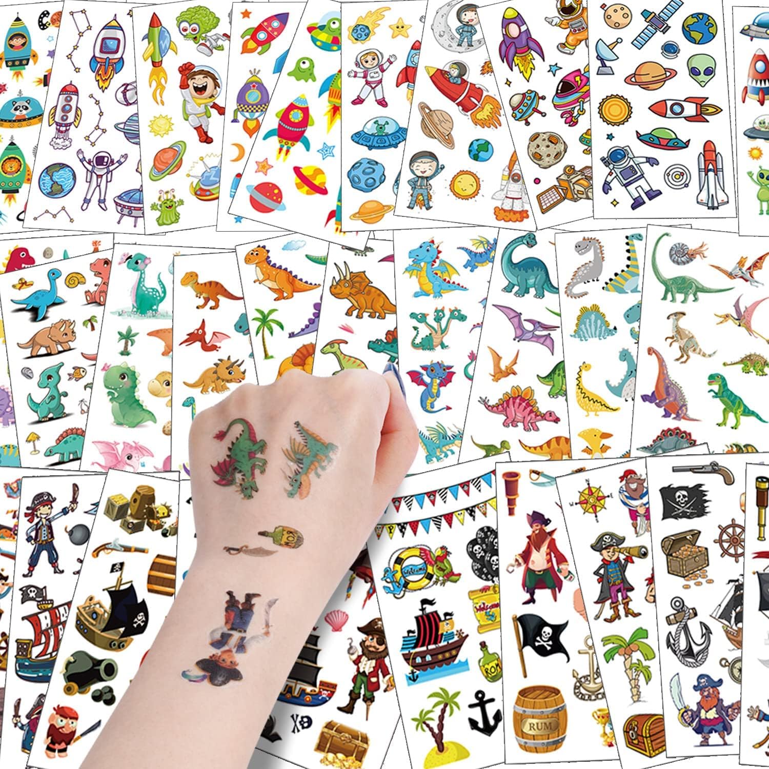 ACWOO Temporary Tattoo for Kids, 30 Sheets Animal Dinosaur & Pirate & Space Cartoon Tattoo, 390and Patterns Mixed Style Temporary Tattoo Stickers, Waterproof Fake Tattoo for Birthday Party Bag Filler