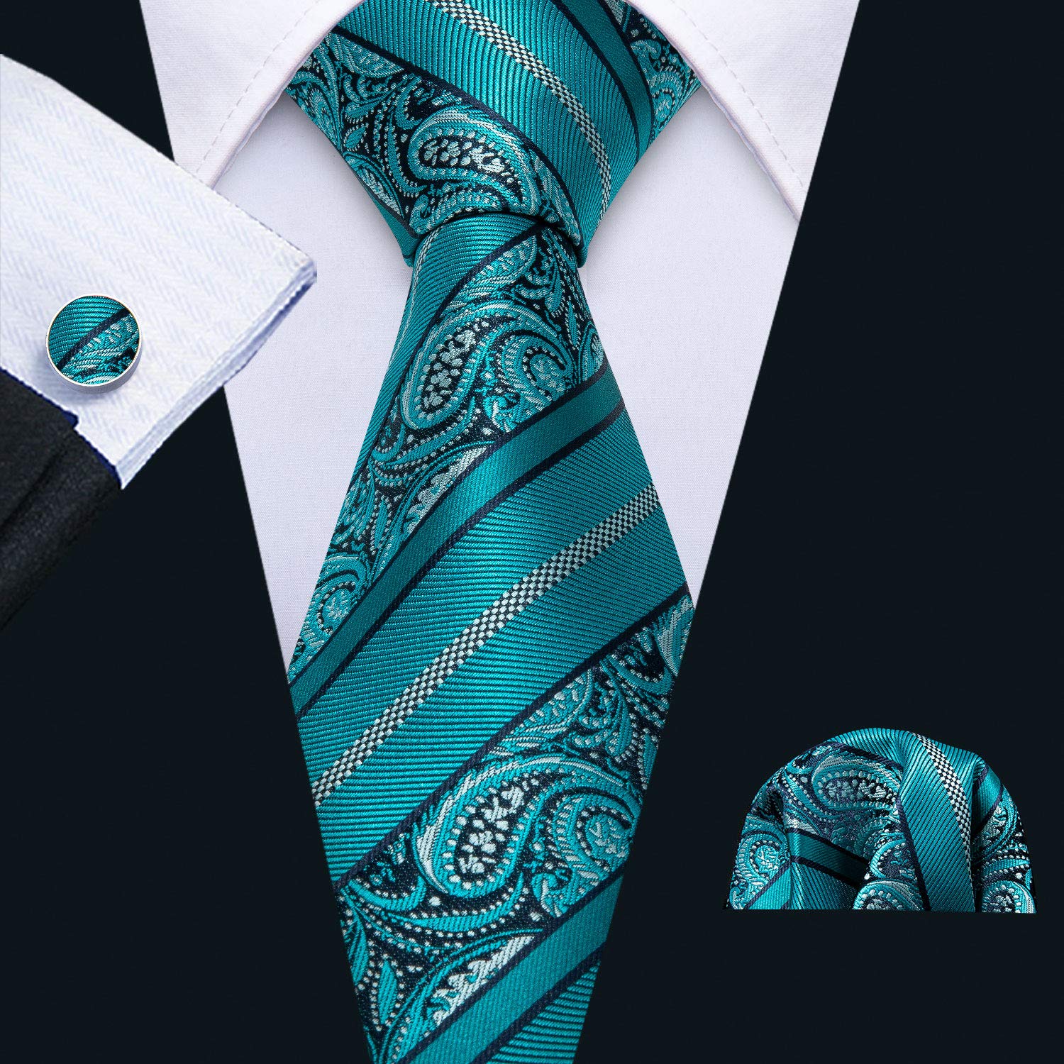 Barry.Wang Men Tie Set Paisley Handkerchief Cuff links Teal Blue