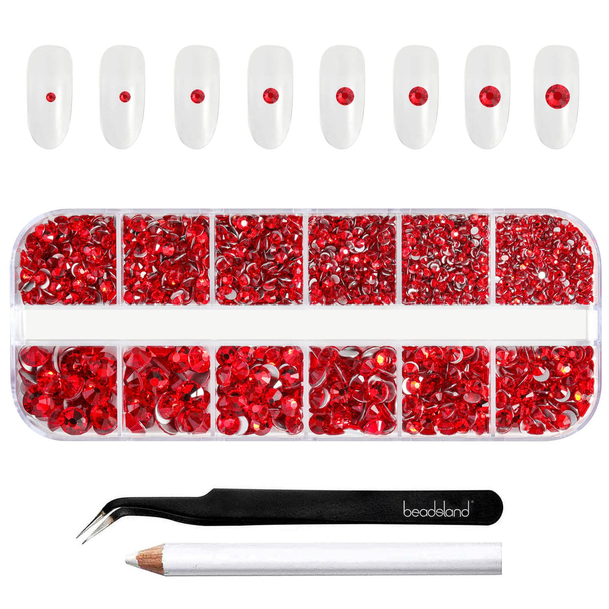 Beadsland Rhinestones for Makeup,8 Sizes 2500pcs Light Red Flatback Rhinestones Face Gems for Nails Crafts with Tweezers and Wax Pencil,Light Siam,SS4-SS30