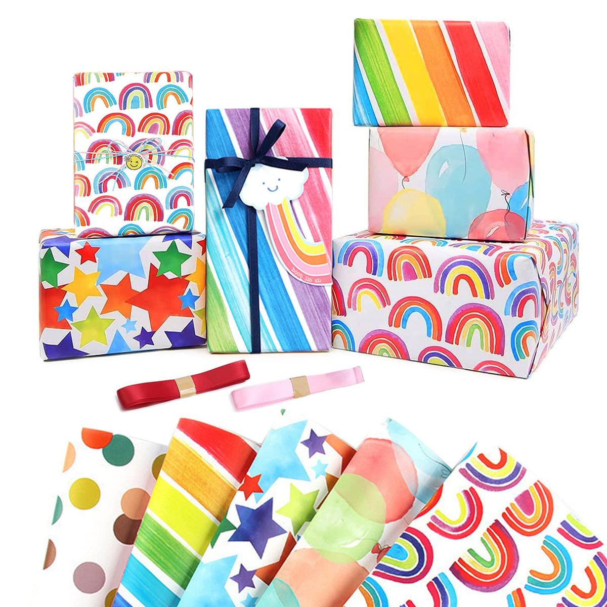 Jatidne 12 x Birthday Wrapping Paper Sheets Recyclable Gift Wrap Colorful Rainbow Wrapping Paper 70cm x 50cm Recycled Paper Folded