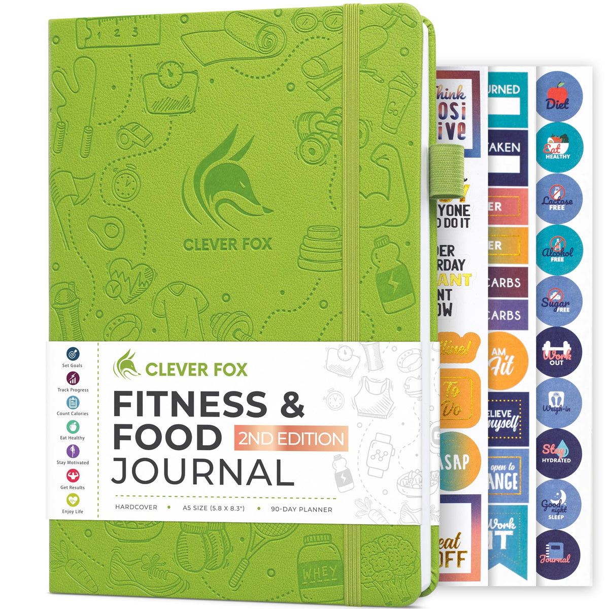 Clever Fox Fitness & Food Journal – Nutrition & Workout Planner for Women & Men – Diet & Gym Exercise Log Book with Calendars, Diet & Training Trackers - Undated, A5, Hardcover (Apple Green)