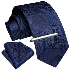 Enlision Mens Navy Paisley Tie and Pocket Square with Tie Clip Set Business Formal Wedding Ties for Men Necktie & Handkerchief & Tie Pin Sets,Navy