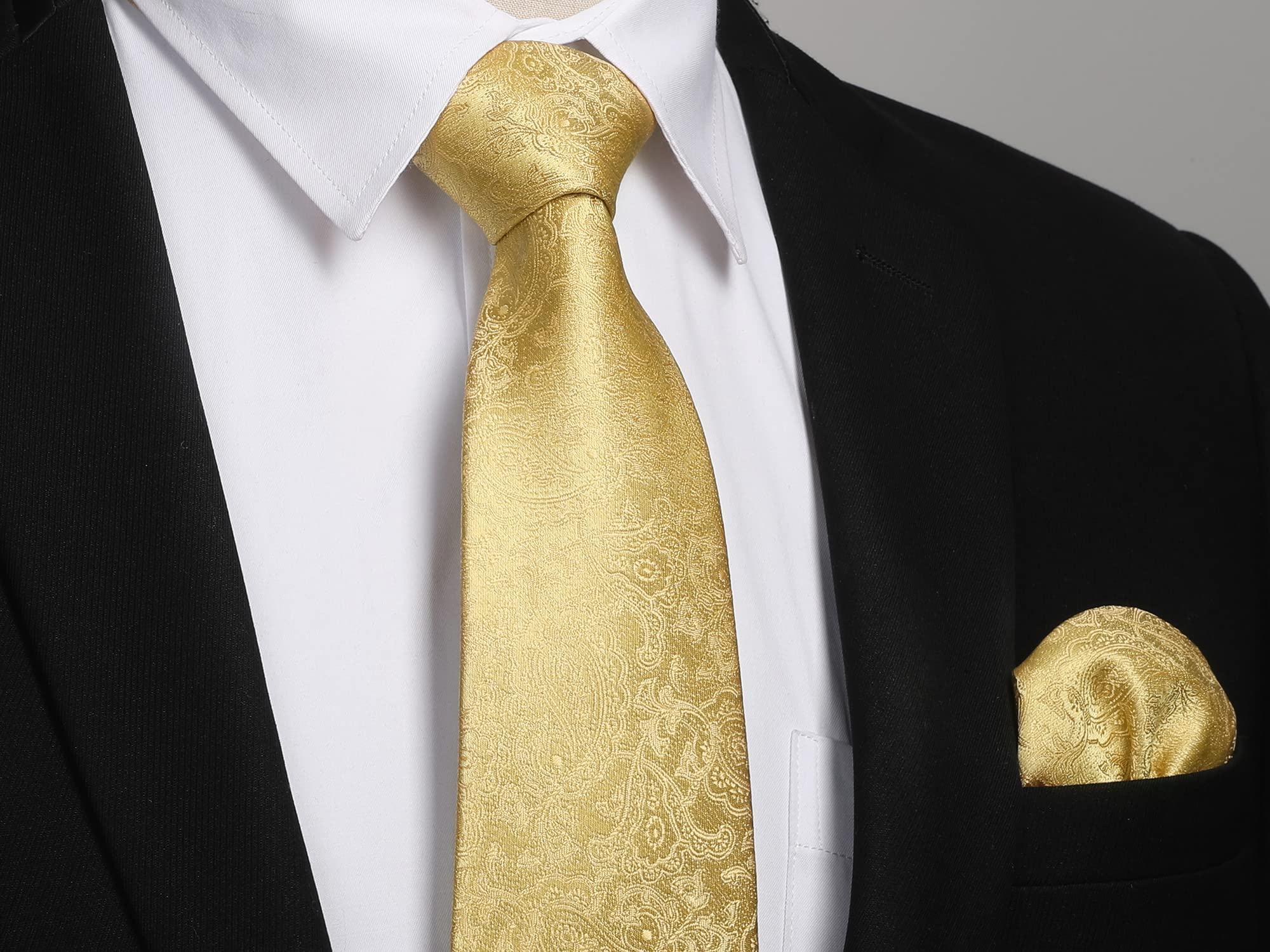 HISDERN Mens Paisley Gold Tie for Wedding Tie Handkerchief Men's Necktie & Pocket Square Set