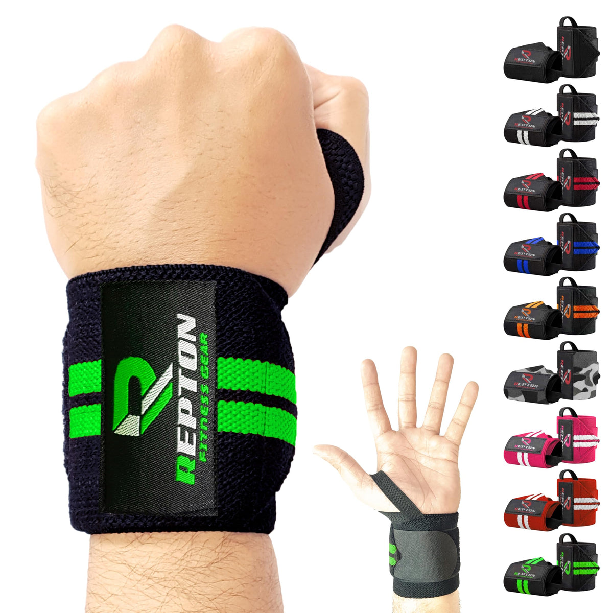 Weightlifting Wrist Wraps - Professional Grade with Thumb Loops - Wrist Support Braces - Men & Women - Weight Lifting, Crossfit, Powerlifting, Strength Training Straps (Black & Green, 13)