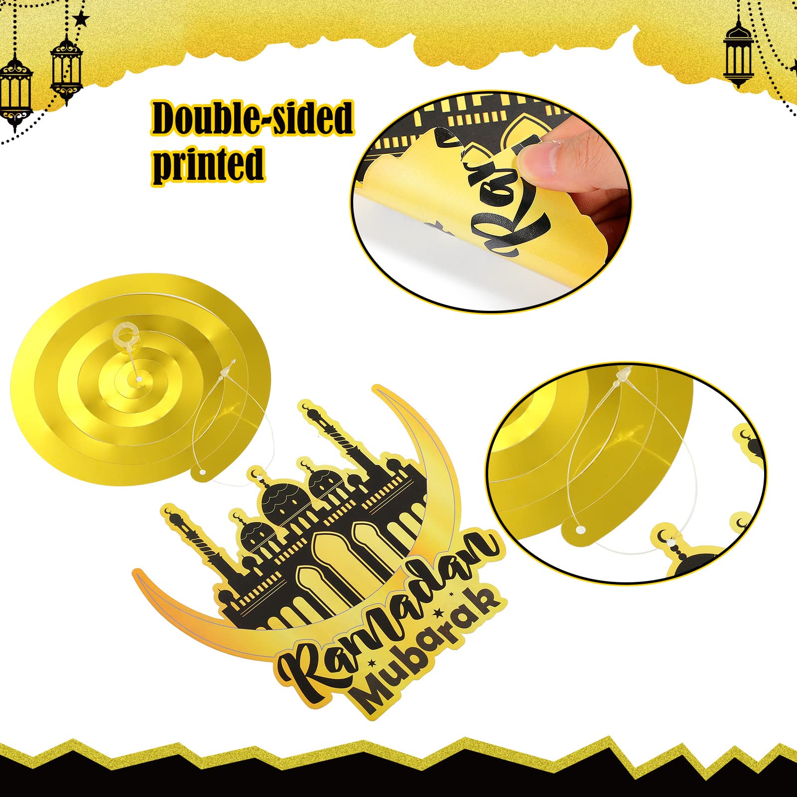 30 Pieces Ramadan Mubarak Decorations, Eid Mubarak Hanging Swirl Shining Gold Star Moon Lantern Ceiling Foil Decor for Eid Al-fitr Party Egyptian Holiday Decorations Supplies (Black and Gold)