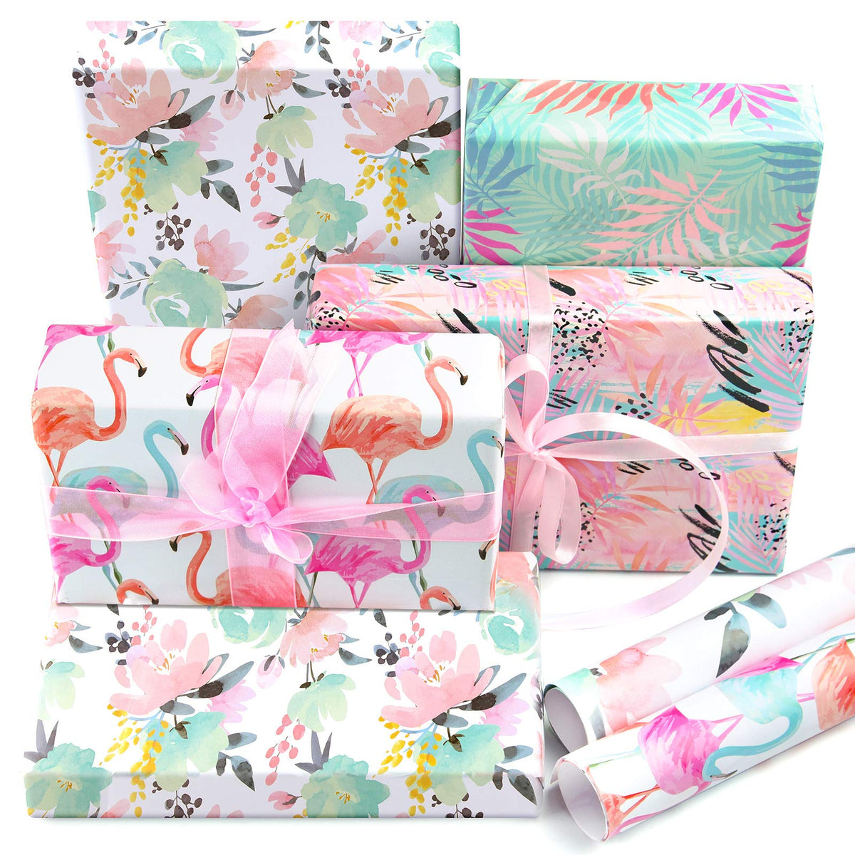 PLULON 6 Sheets Tropical Birthday Gift Wrapping Paper, Flamingo Gift Wrap Paper for Birthday Party and Tropical Party Decorations