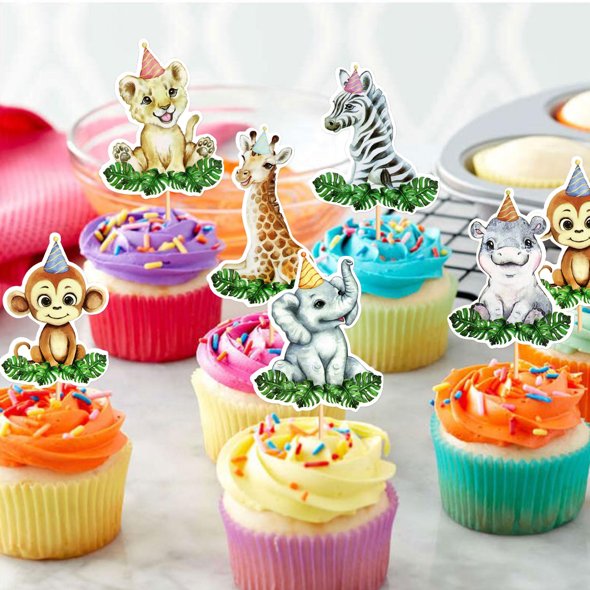 Blumomon 24Pcs Jungle Safari Animal Cupcake Toppers Happy Birthday Cake Decor for kids Wild Jungle Animal Theme Birthday Party Supplies Celebrating Party Events Baby Shower