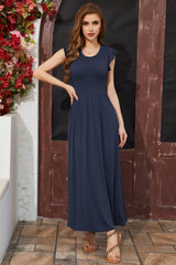 AUSELILY Summer Casual Long Dresses for Women Loose Plain Maxi Pockets Dresses Elegant Ruffle Petal Sleeve Dress Navy Blue S