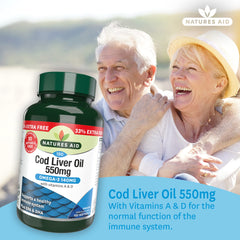 Natures Aid Cod Liver Oil 550 mg 120 Softgel Capsules (Providing 120 mg Omega-3, with Vitamins A and D, For The Normal Function of the Immune System, Purity Guaranteed, Made in the UK)