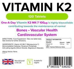 Lindens Vitamin K2 100mcg Tablets - 120 Pack Vegan and Vegetarian Tablets (not Capsules) - Menaquinon MK-7 - Supports Maintenance of Normal Bones - 133% NRV - UK Manufacturer, Letterbox Friendly