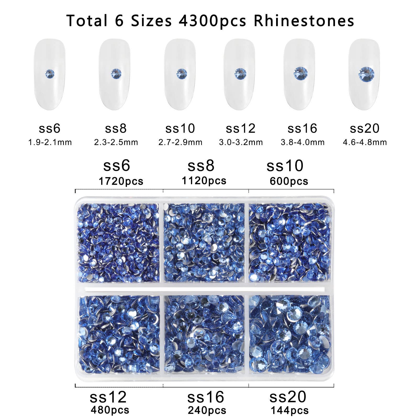 Beadsland 4300pcs Flatback Rhinestones,Light Blue Rhinestones Nail Gems Round Crystal Rhinestones for Crafts,Mixed 6 Sizes with Picking Tweezers and Wax Pencil Kit, SS6-SS20,Light Sapphire