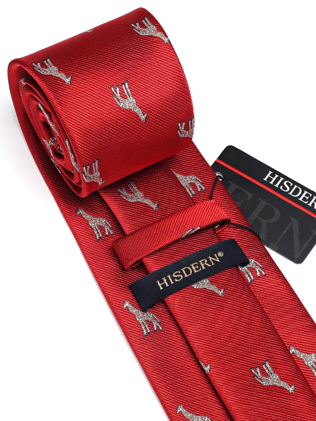 HISDERN Red Tie for Men Giraffe Pattern Ties Handkerchief Novelty Animal Print Wedding Necktie & Pocket Square Set