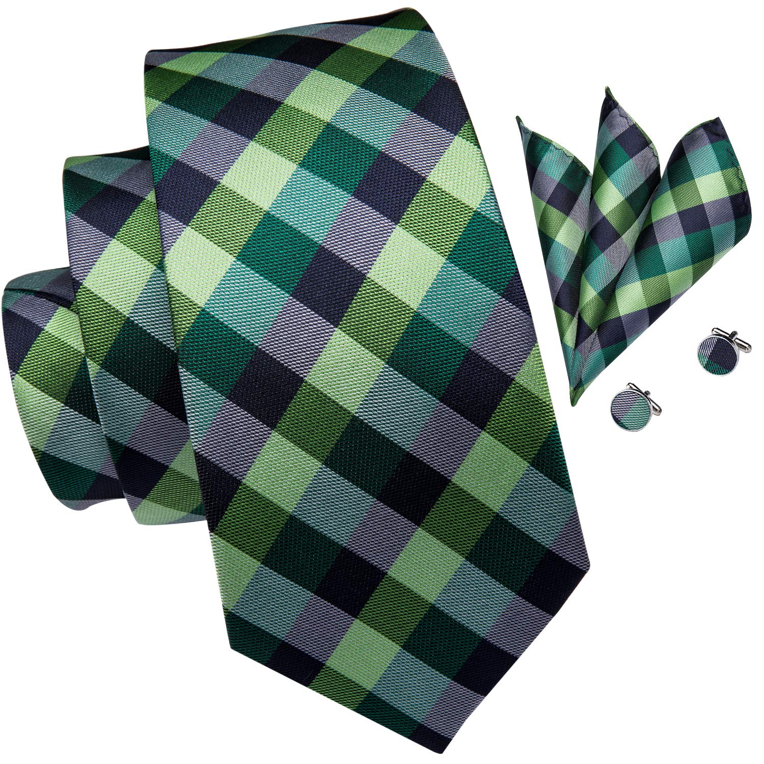 Hi-Tie Black Green Silk Plaid Necktie for Men with Pocket Square & Cufflinks Tie Set for Weddings Business