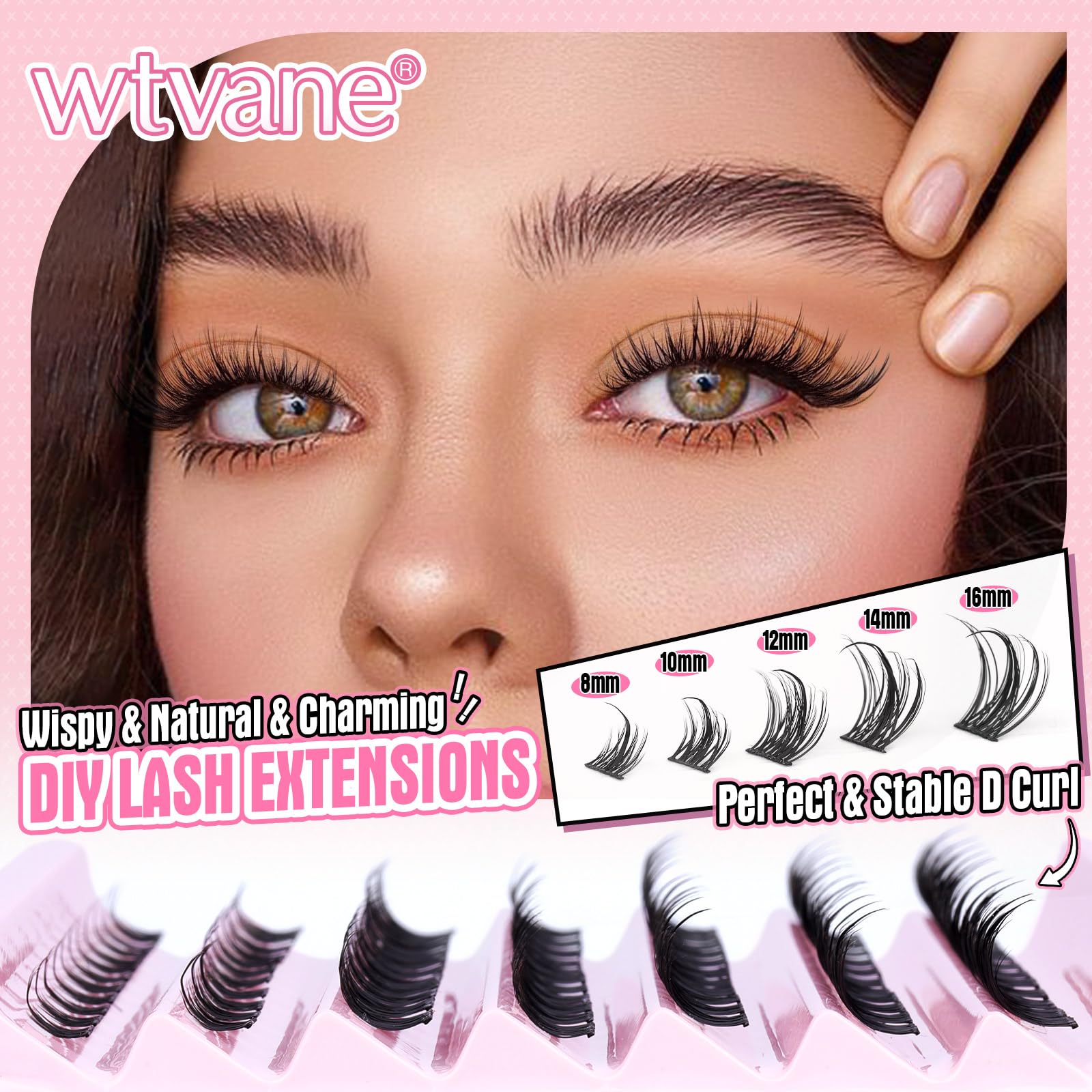 wtvane Cluster Lashes Natural Individual Eyelashes Manga Lash Clusters D Curl Eyelash Extensions 8-16MM Lashes Individual Cluster Wispy Eyelash Clusters 77pcs DIY Lash Extension at Home