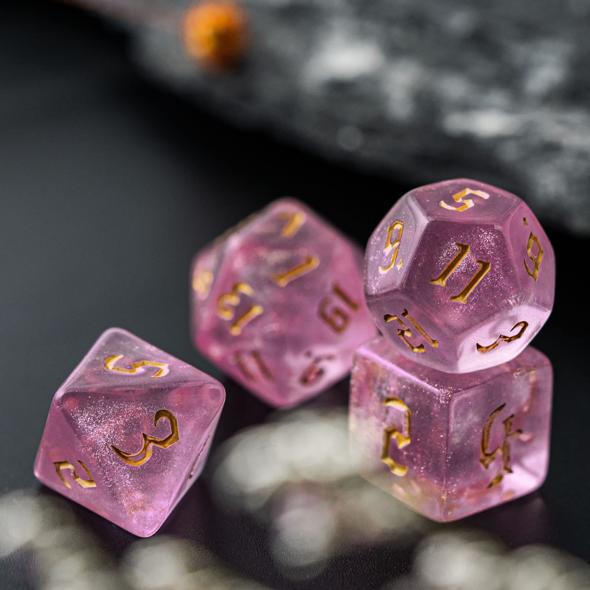 Cusdie 7Pcs/Set DND Dice Set D&D Polyhedral Dice for TTRPG Dungeons and Dragons Pathfinder Role Playing Dice Games RPGs (Pink with Sickle Font)