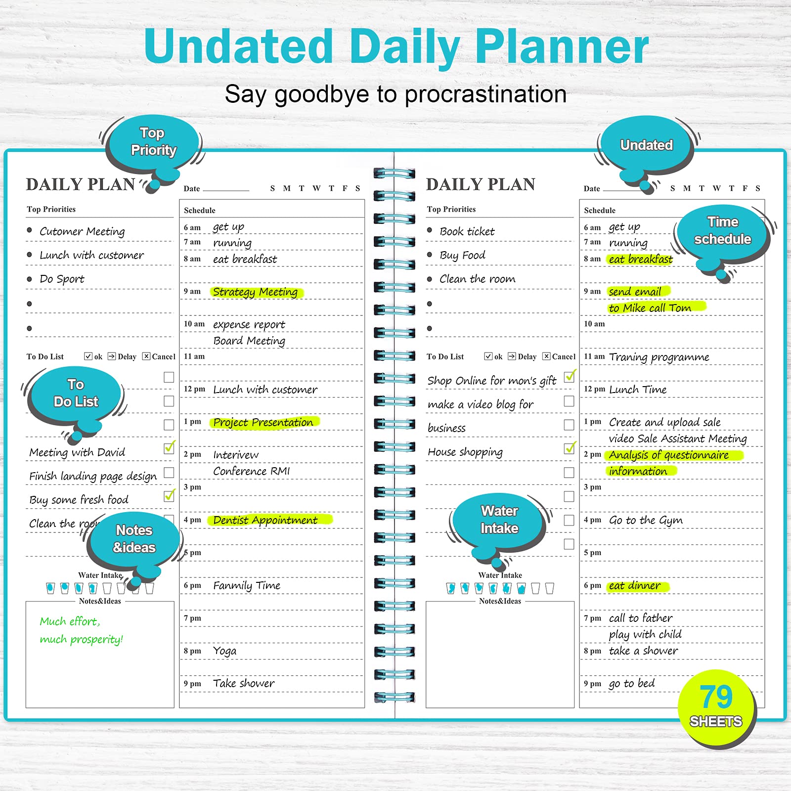 Daily Planner Undated, Asten to Do List Notebook Hourly Schedules Spiral Appointment Planner for Men and Women,PVC Hardcover,Elastic Closure, Inner Pocket 14.7 x 21.2cm (Blue)