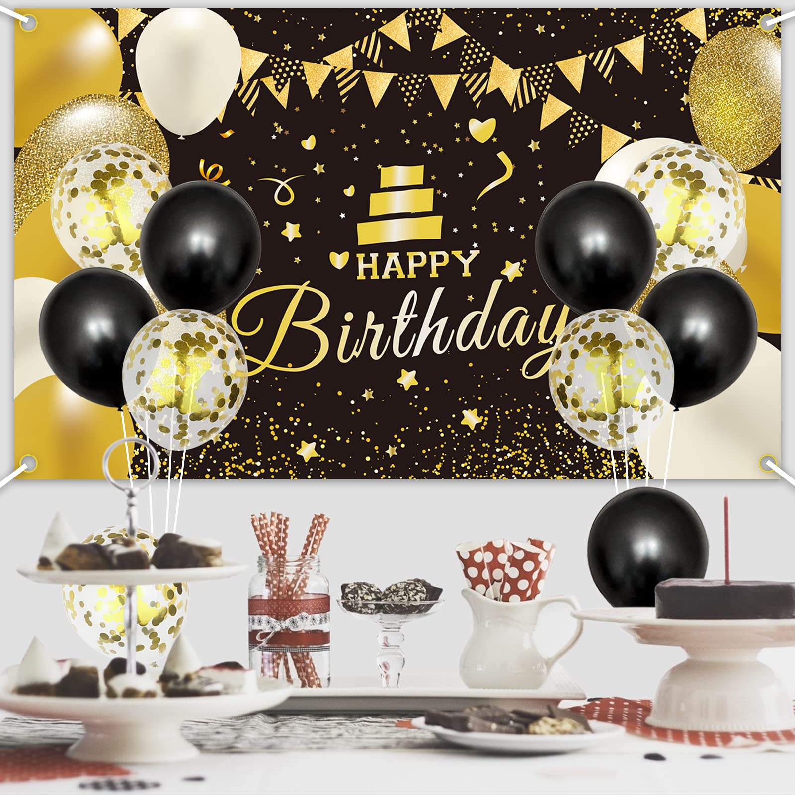 GRESATEK Happy Birthday Banner,Black Gold Party Backdrop Decoration Set,Extra Large Birthday Photo Booth Sign Poster Background Birthday Party Supplies for Men Women Boys Girls