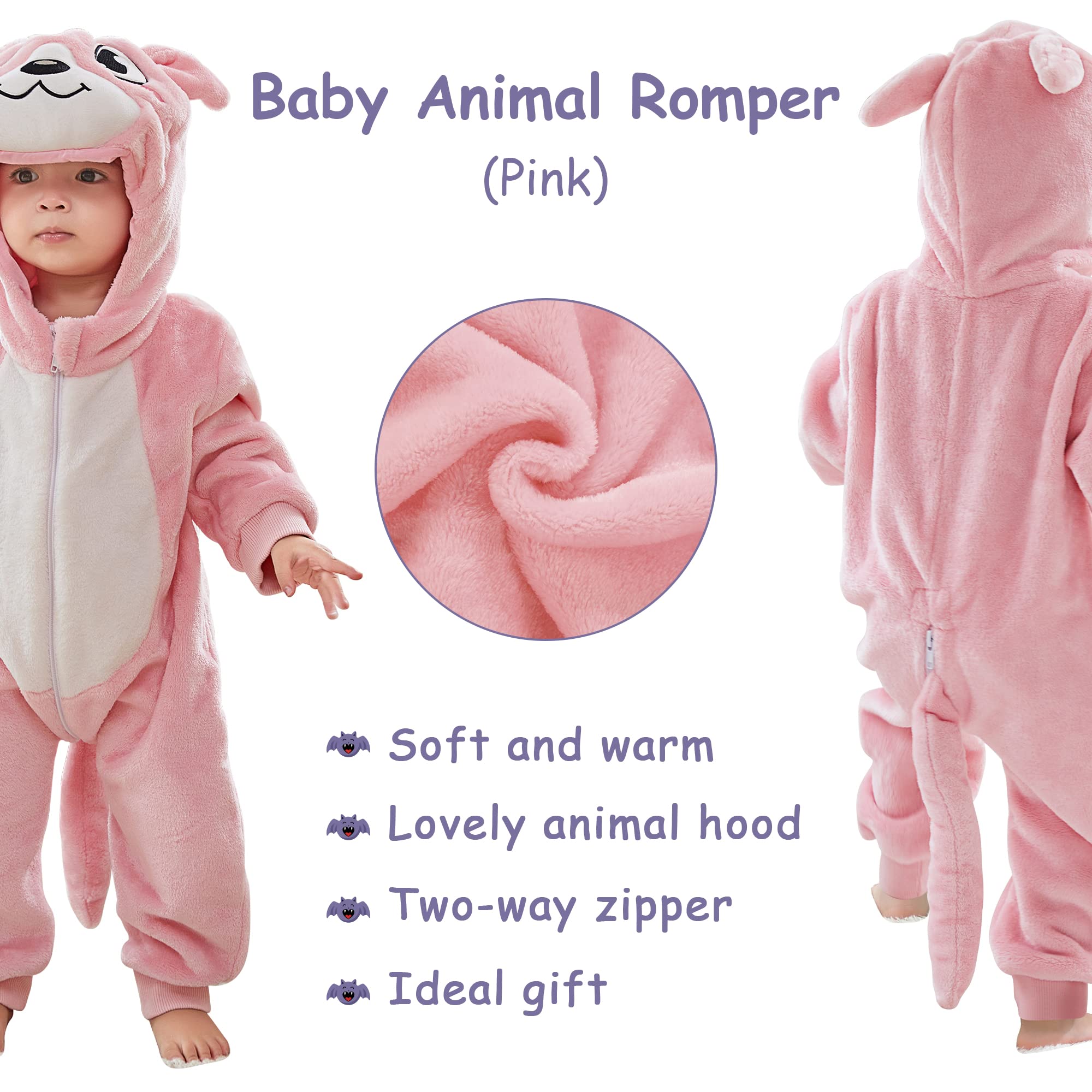 COOKY.D Newborn Baby Animal Hooded Zipper Romper 2-6 Months Long Sleeve Pink Flannel Warm Outfits