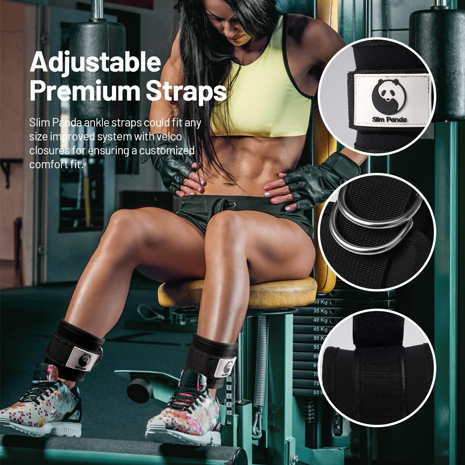 Slim Panda Ankle Strap for Cable Machine Attachments, Resistance Bands for Kickbacks, Glute Workouts, Leg Extensions, Curls, and Hip Abductors for Men and Women, Adjustable with D-Rings (Black-1pcs)