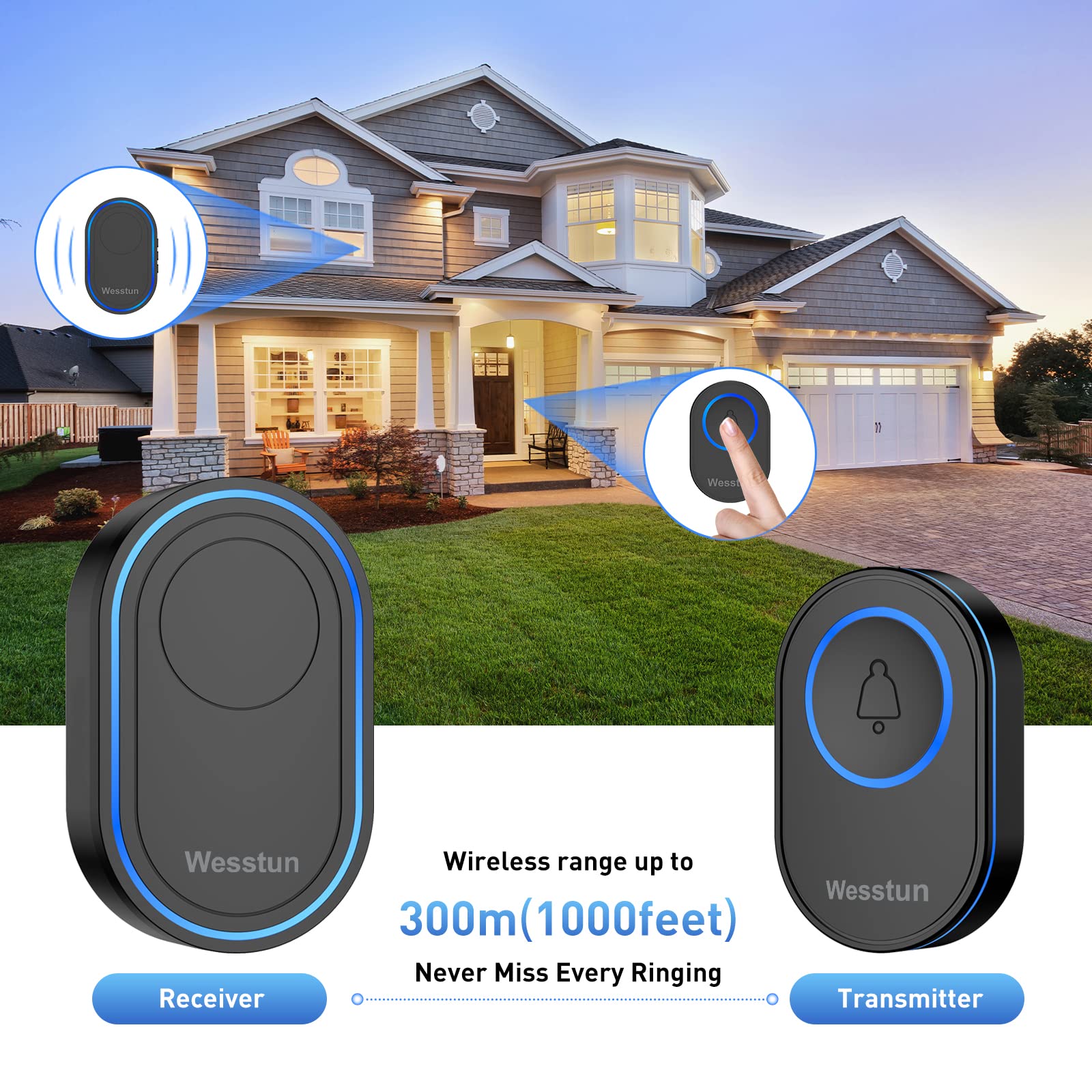 Wesstun Wireless Doorbell, IP67 Waterproof Plug in Doorbell Wireless Cordless at The Range of 300m with 39 Chimes, 5 Levels Volume Adjust & LED Indicator, Easy Install at Home & Apartment, Black