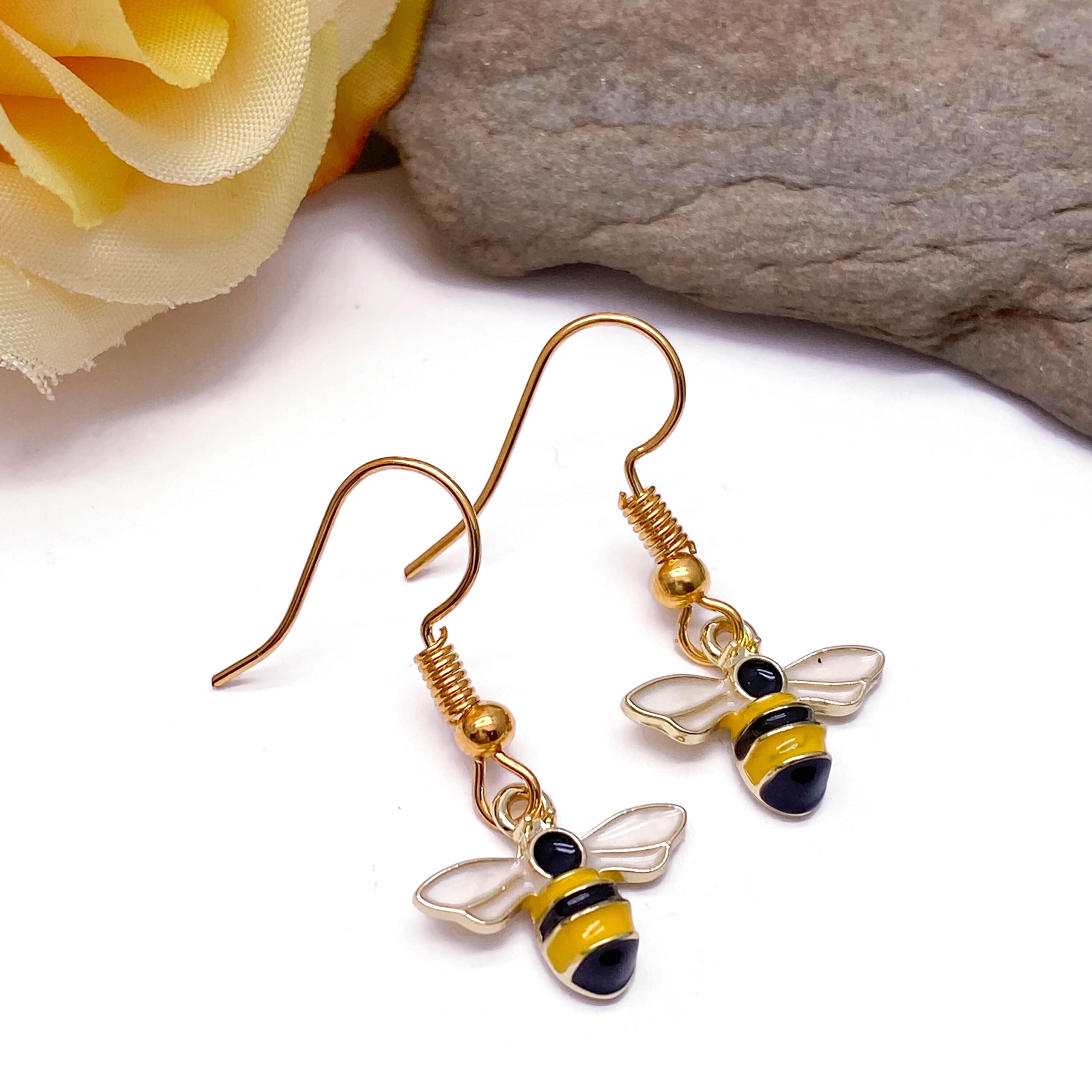 Little Bumble Bee Enamel Charm Earrings - Cute Yellow and Black Enamel Charms on Nickel Free Gold Hooks : 30mm