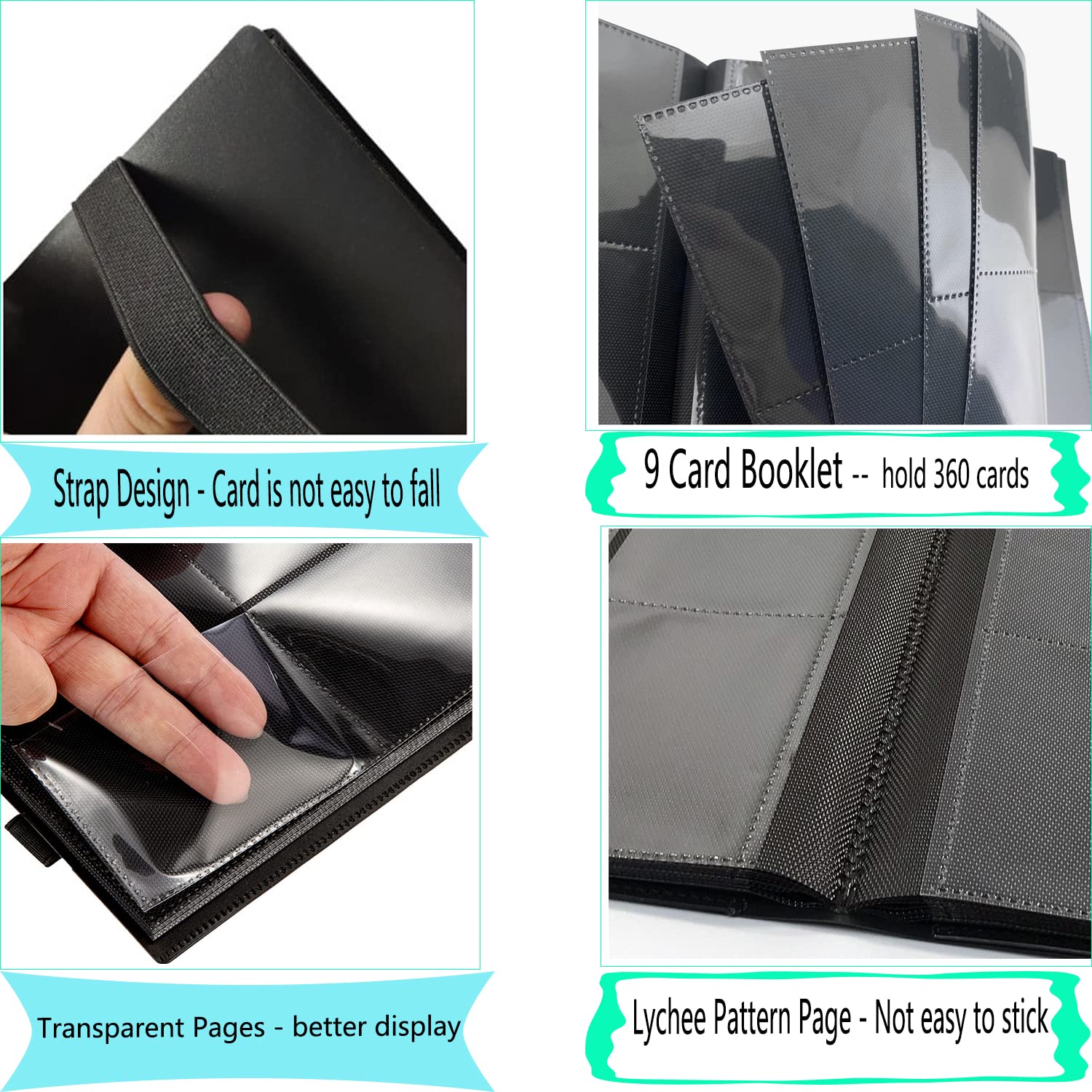 360 Pockets Trading Cards Album - 9 Pocket Trading Card Album, Card Holder for Cards Card Binder Album 360 Pockets with Elastic Strap, Game Card Storage Folder 20 Pages 9 Pocket Waterproof Booklet