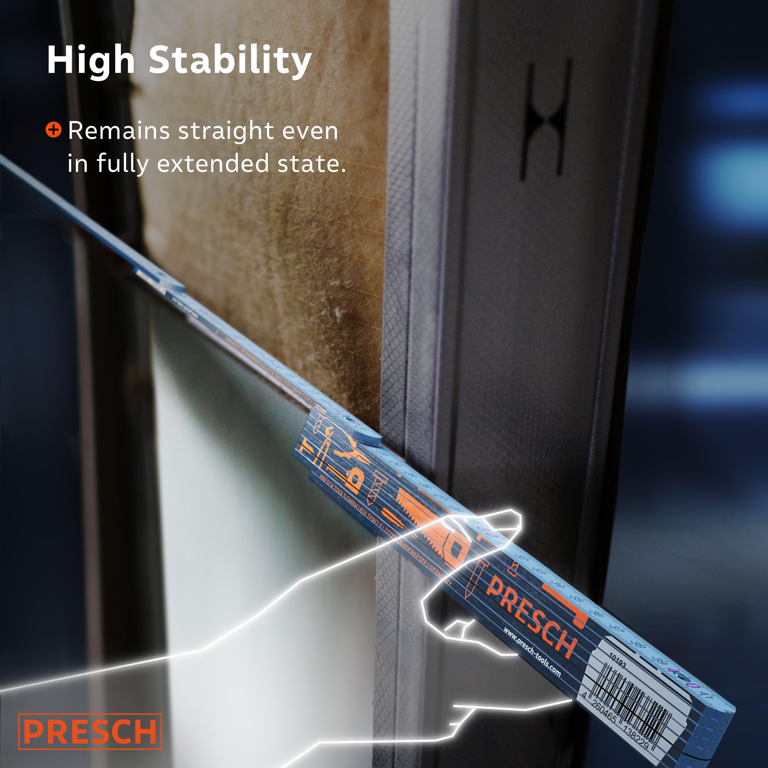 Presch Folding rule 2m with angle scale   Wood   Blue   Foldable   Large & highly legible numbers   Precise snapping   Meter stick, carpenters rule, folding ruler 2m, joiners rule with tool pattern