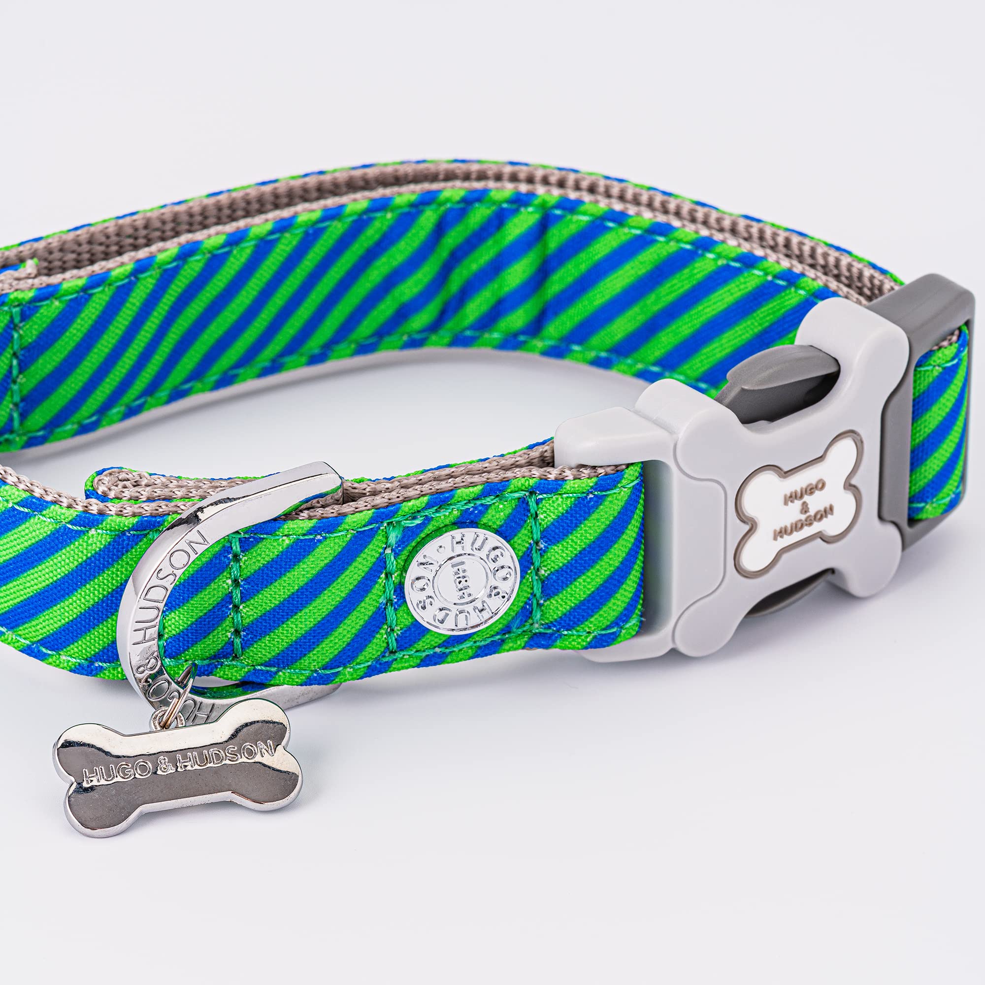 HUGO & HUDSON Nylon Dog Collar with Quick Release Safety Buckle, Navy & Green Striped, XS