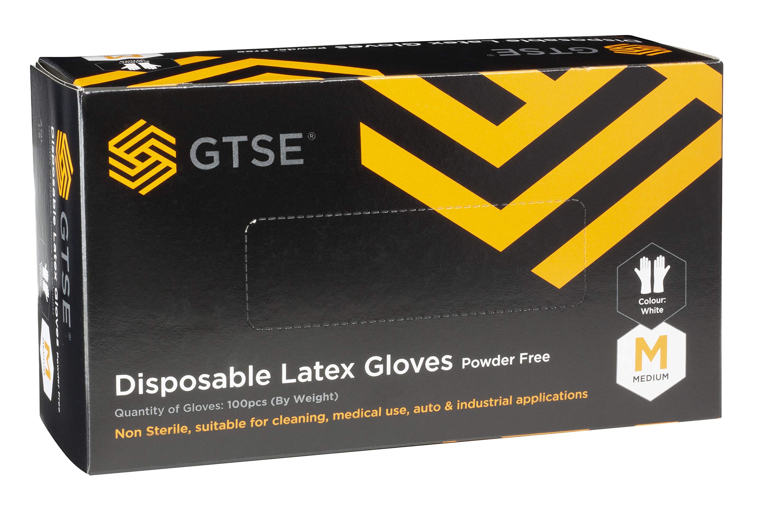 GTSE Box of 100 Latex Gloves, Size Medium (M), Powder Free Disposable Gloves, White, Suitable for Medical Use, Automotive, Cleaning and Industrial