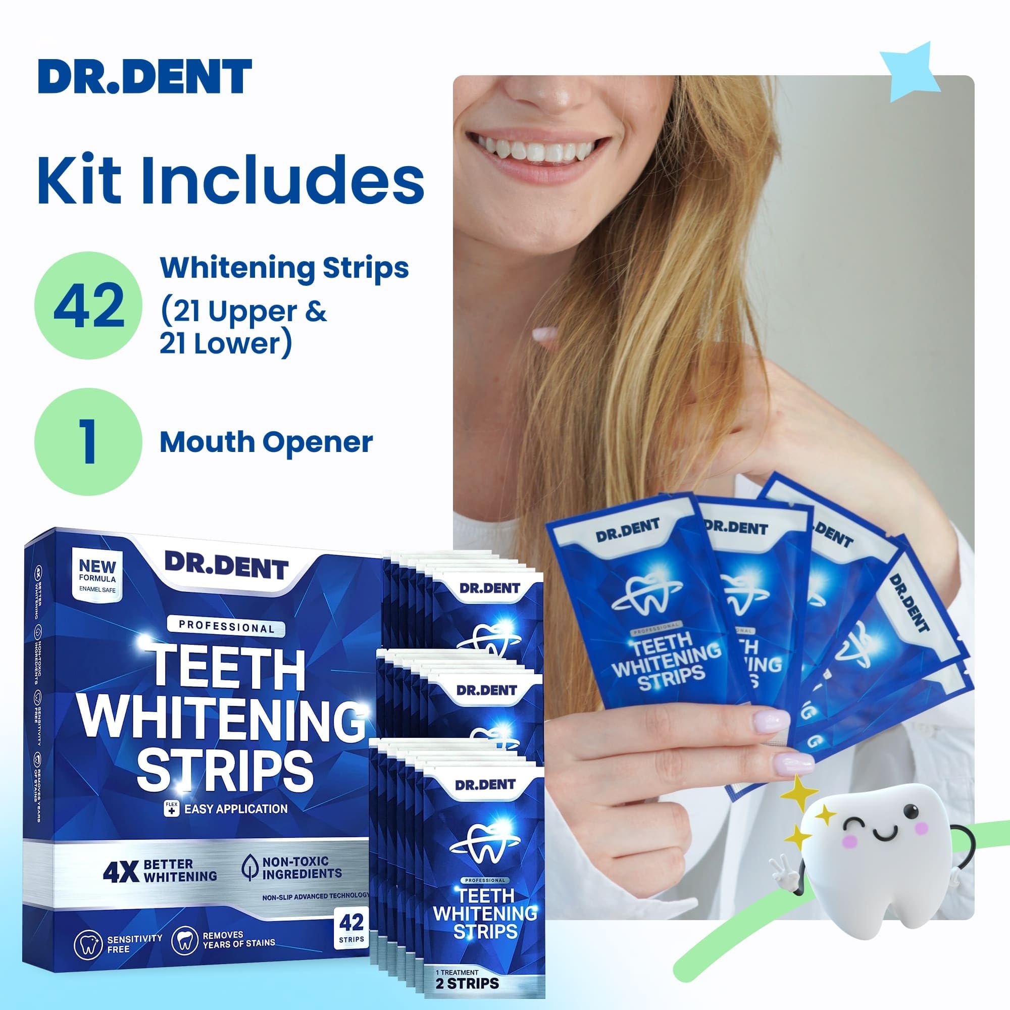 DRDENT Professional Teeth Whitening Strips 21 Treatments - Safe for Enamel - Non Sensitive Teeth Whitening - Whitening Without Any Harm - Pack of 42 Strips and Mouth Opener Included