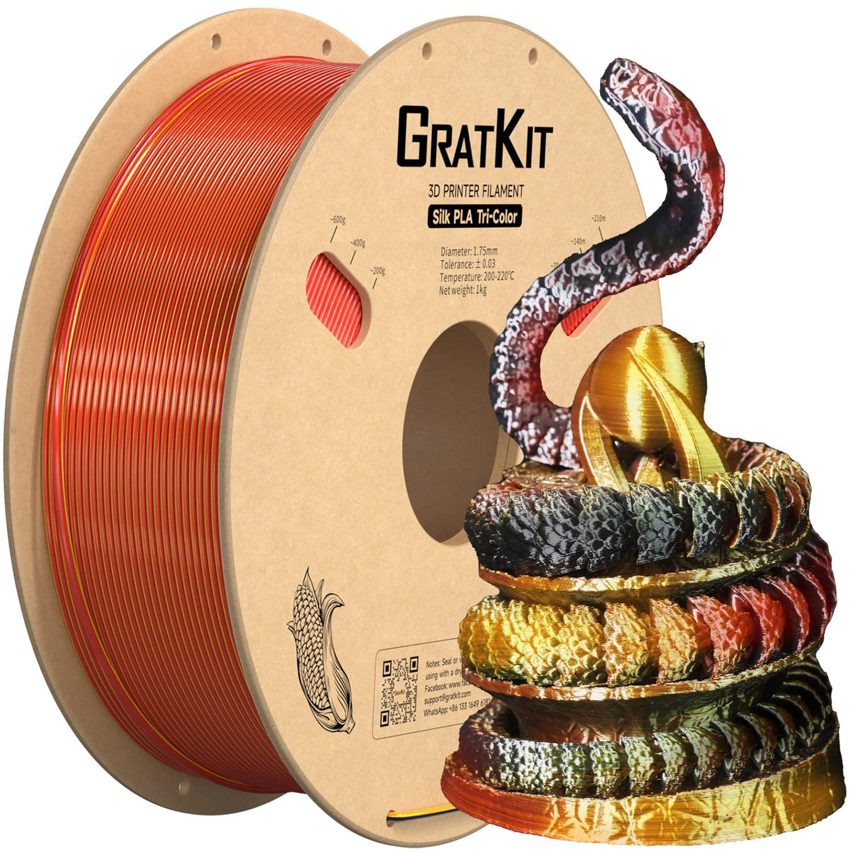 Gratkit Silk Tri-Color PLA Filament，Coextrusion PLA Filament 1.75mm, -0.03mm, 1KG/Roll, Silk PLA Red & Gold & Black