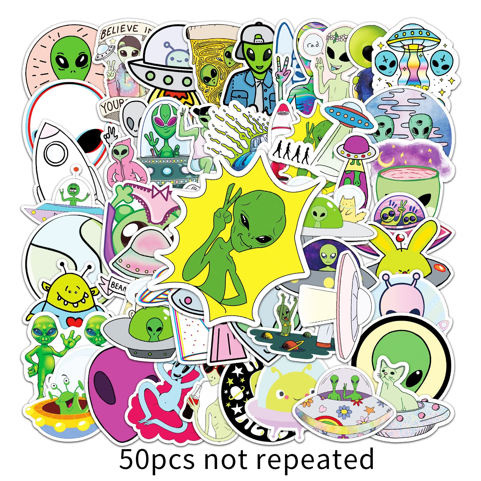 LYLSDSB Alien Stickers 50 Pcs Space UFO Stickers for Laptop Skateboard Car Bike Water Bottle Hydro flask Scrapbook Bumper Luggage,Cool Cartoon Waterproof Stickers for Kids Teens