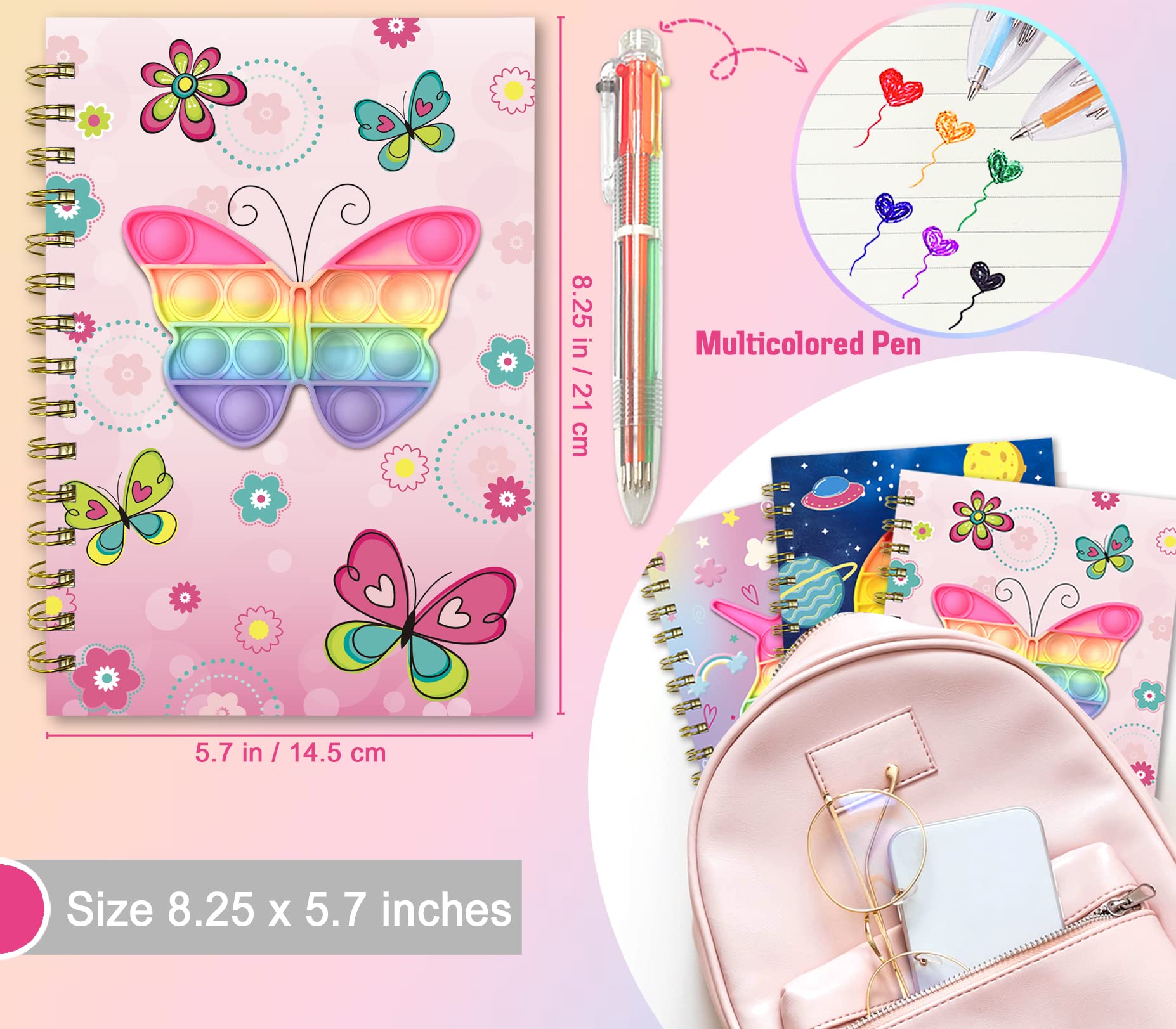 GINMLYDA Pop Secret Diary for Girls with Pen, 8.25x5.7 Inches 160 Pages Butterfly Fidget Kids Notebook and Pen Set for Girls Birthday Presents A5 Spiral Kids Journal for Girls Gifts 6-12 Year Old