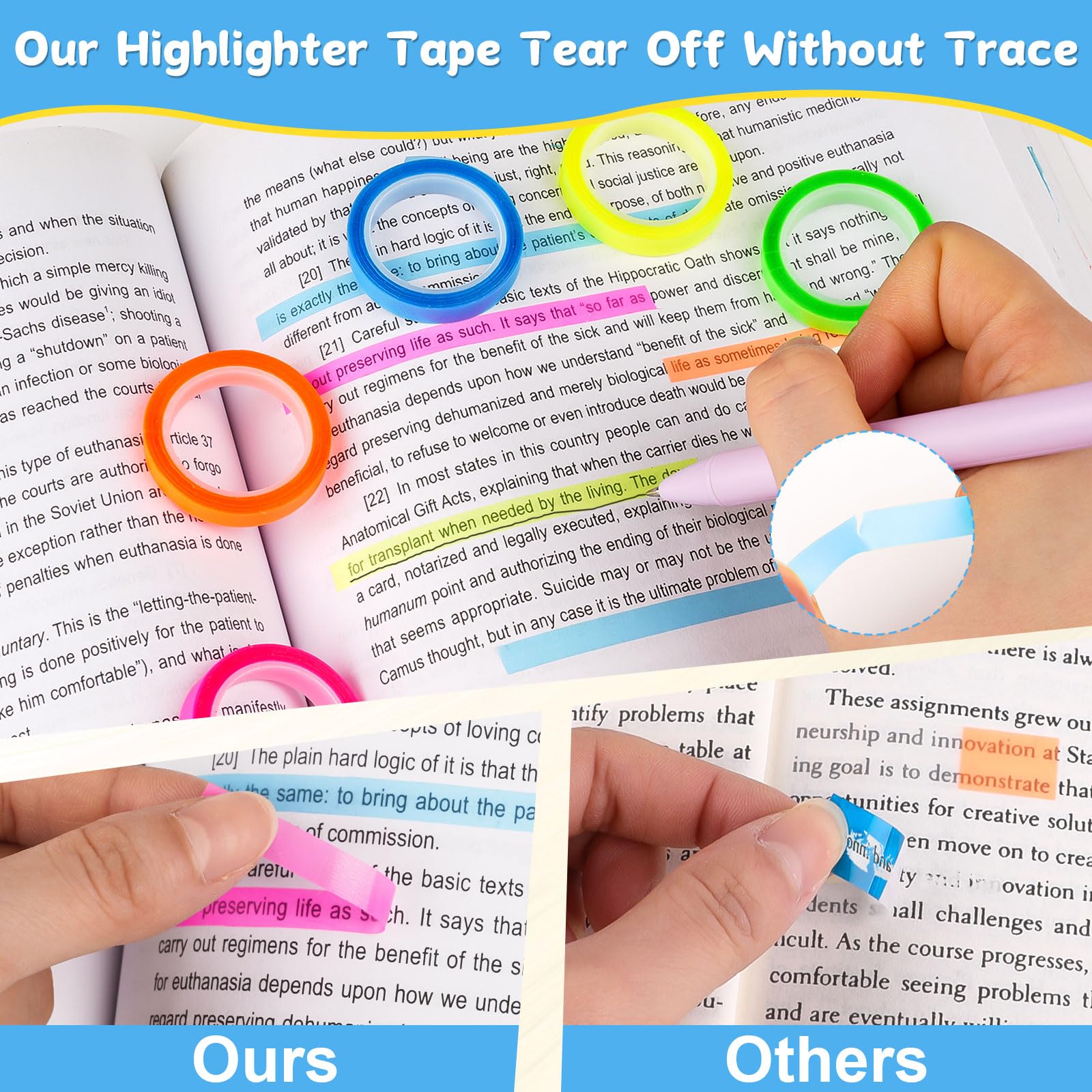 Highlighter Tape, 10 Rolls Book Tabs, Transparent Sticky Notes, Bible Tabs, Clear Sticky Notes, Annotation Tabs Kit, Colorful Revision Stationery Supplies for Study Essentials Stationery