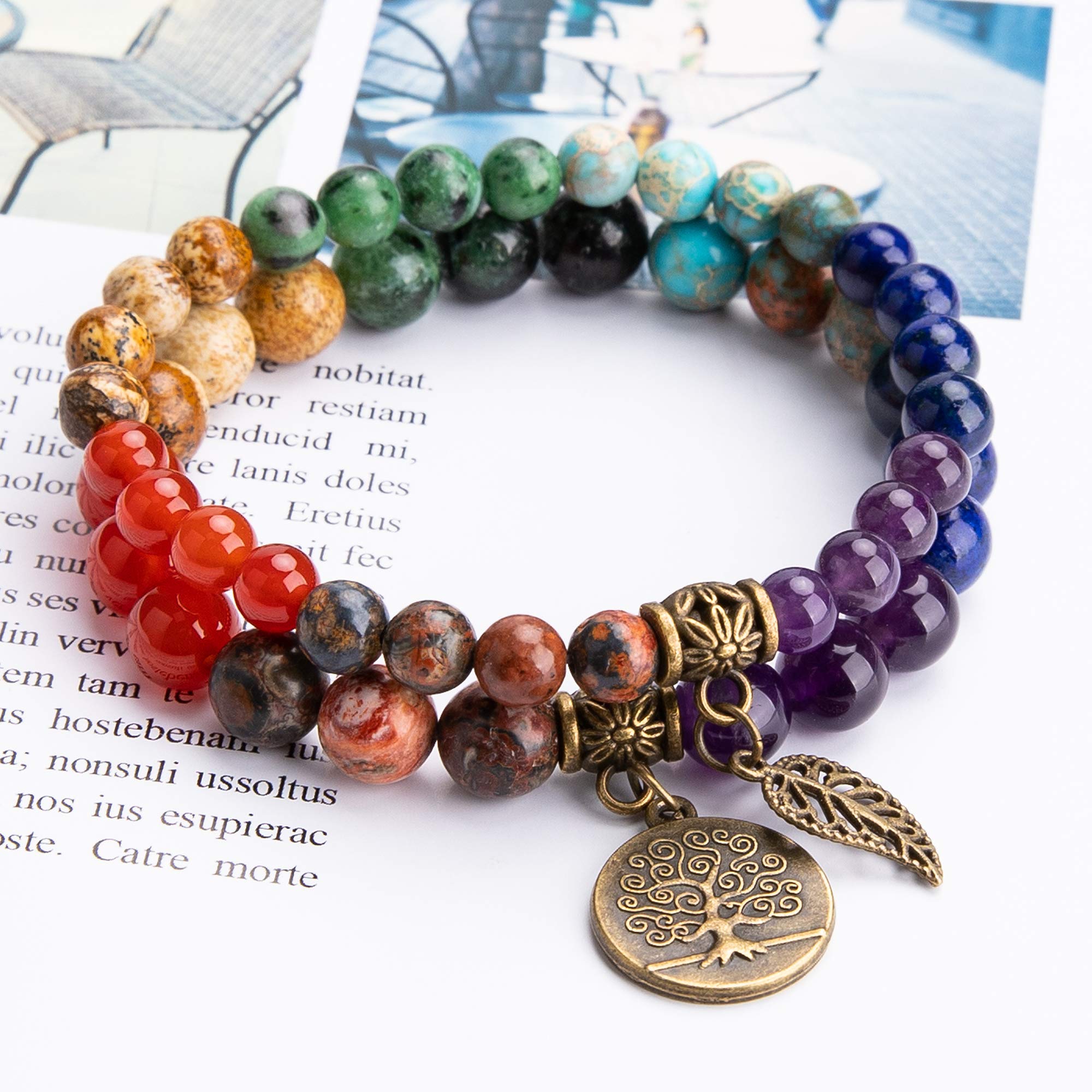 Farfume Chakra Bracelets for Women - Crystals Women Natural Gemstones Yoga Reiki Bangle- A Set of Double Bracelets （7 Chakras 17cm）