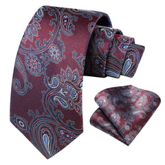 HISDERN Men's Tie Burgundy Paisley Tie Wedding Party Ties for Men Handkerchief Necktie & Pocket Square Set for Formal Business