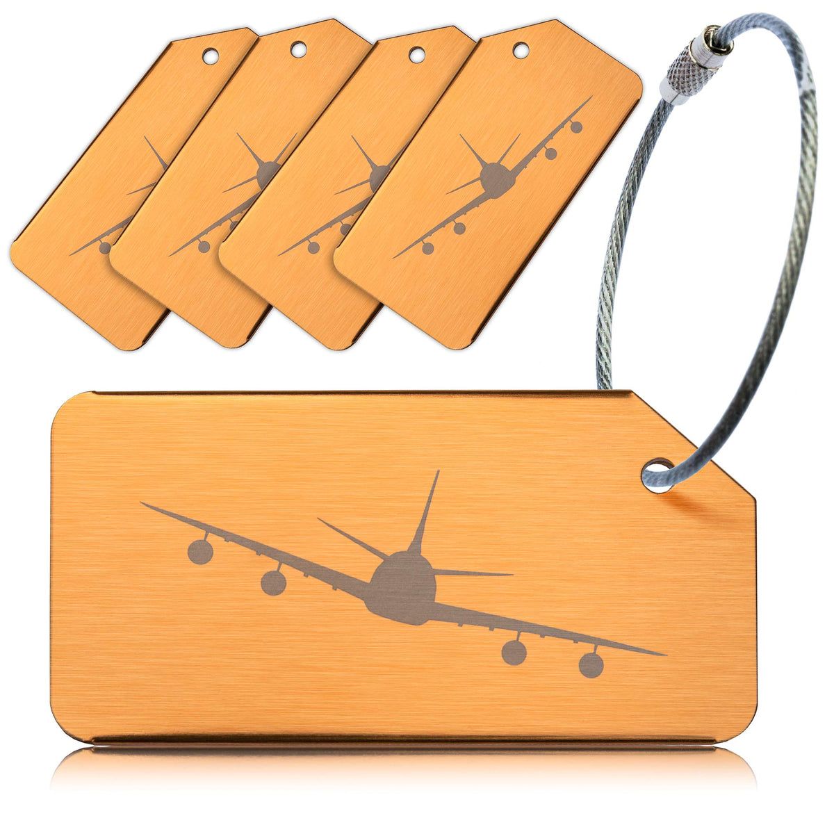 Pack of 5 Gold Strong Aluminium Luggage Tags, Secure, Easy to Spot, Privacy, Variety of Colours, Strong Steel Cable