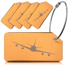 Pack of 5 Gold Strong Aluminium Luggage Tags, Secure, Easy to Spot, Privacy, Variety of Colours, Strong Steel Cable