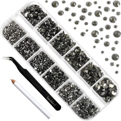 Beadsland Rhinestones for Makeup,8 Sizes 2500pcs Blackdiamond Flatback Rhinestones Eye Gems for Nails Crafts with Tweezers and Wax Pencil,Blackdiamond,SS4-SS30